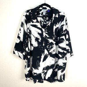 Catherines Womens Plus 3XWP Black White Button Up Shirt Short Sleeve Top Blosue